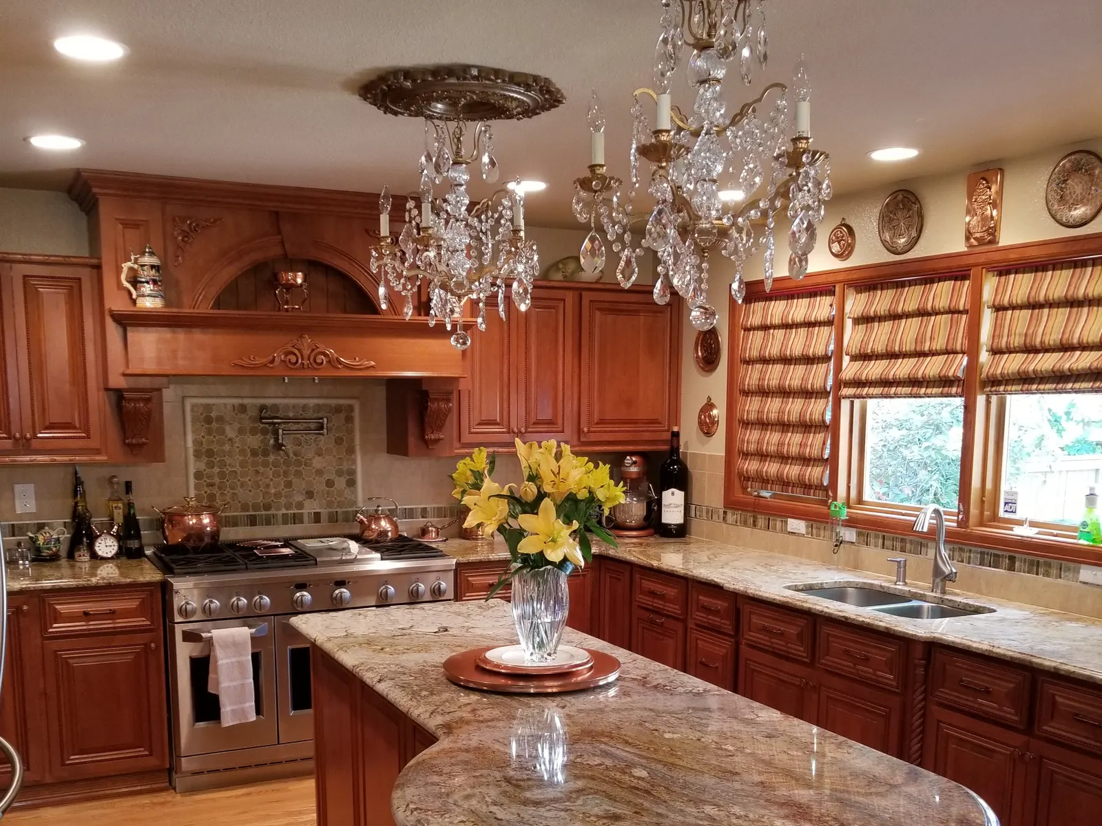Gleaming kitchen island and granite countertops after a deep clean